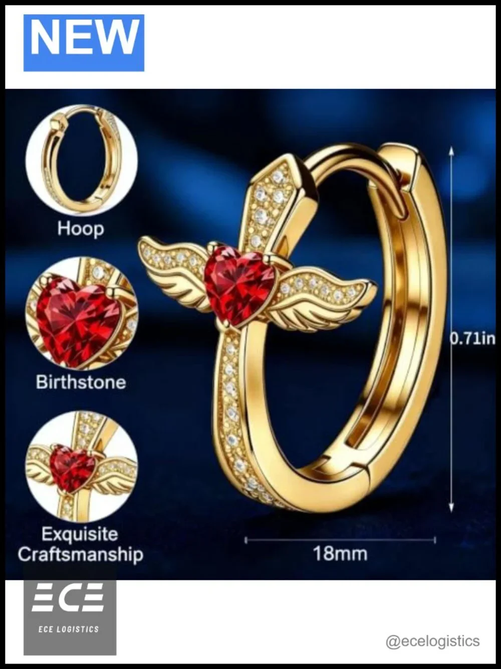 Gold Plated Cross Angel Wings Hoop Earrings Red Heart Birthstone CZ 18mm